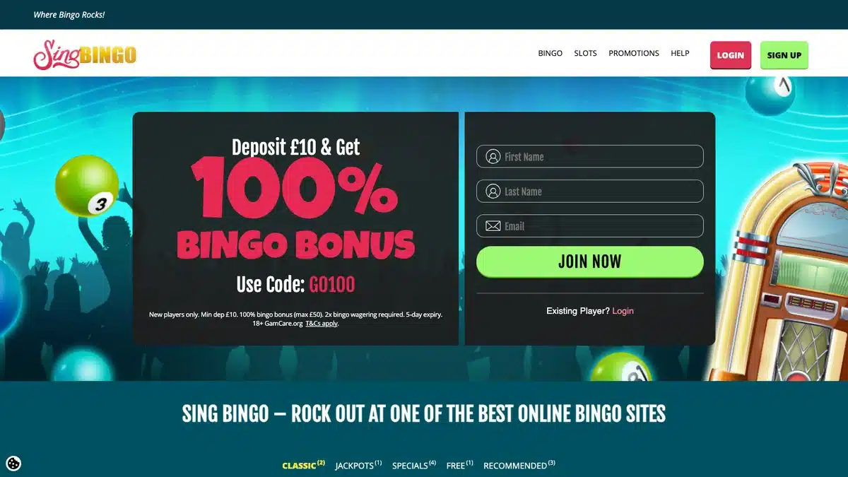 Sing Bingo homepage showing the current bingo bonus and registration form