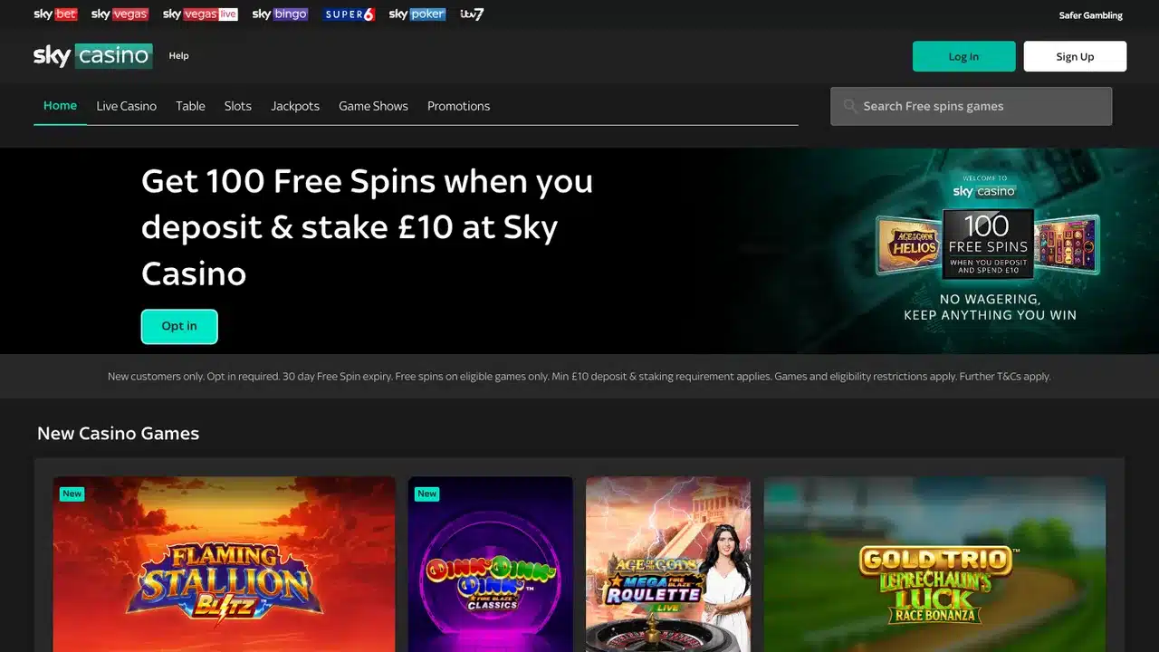 Sky Casino homepage showing the casino lobby and welcome offer