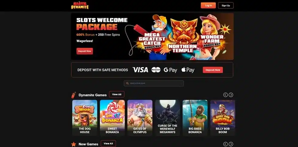 Slots Dynamite casino homepage and game lobby screenshot