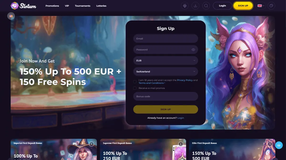 Slotum casino homepage showing its fantasy artwork, welcome offer and games navigation