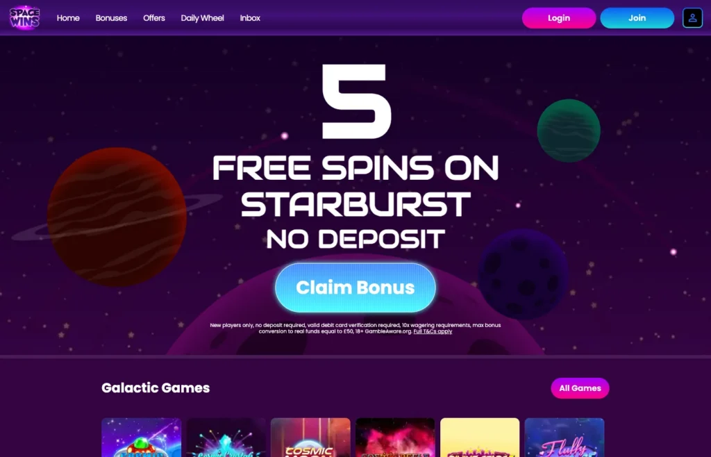 Space Wins homepage showing the current five free spins offer and bonus terms