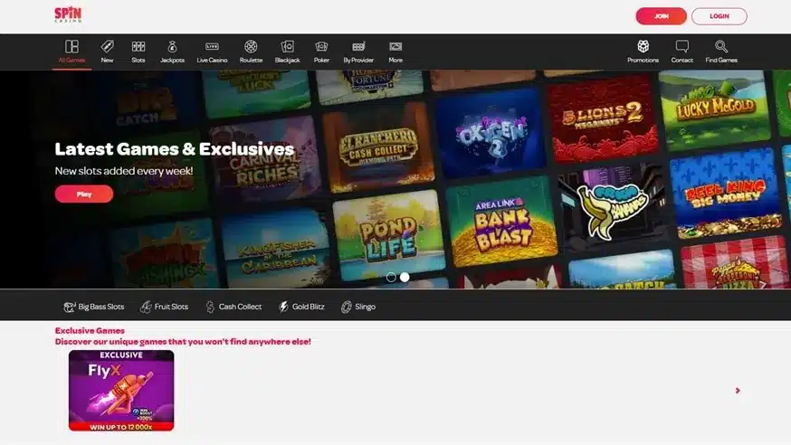 Spin Casino homepage screenshot