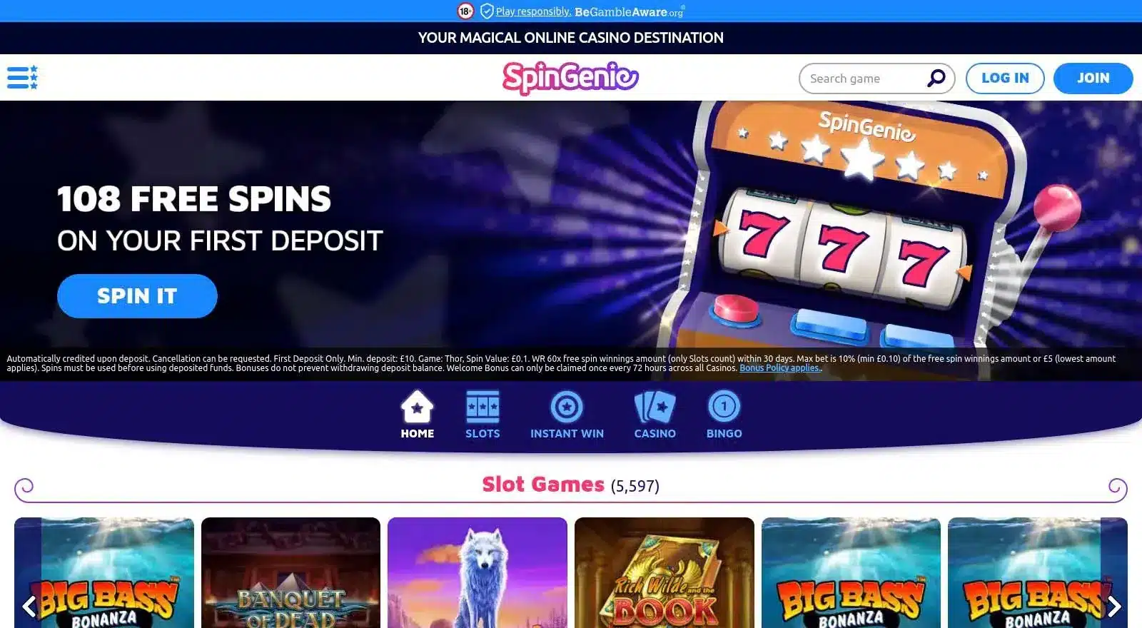Spin Genie homepage screenshot