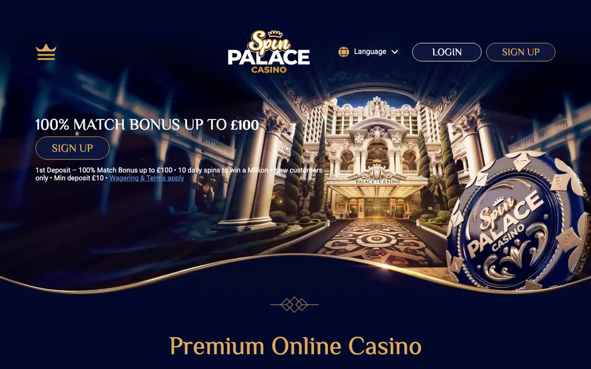 Spin Palace homepage screenshot – July 2026