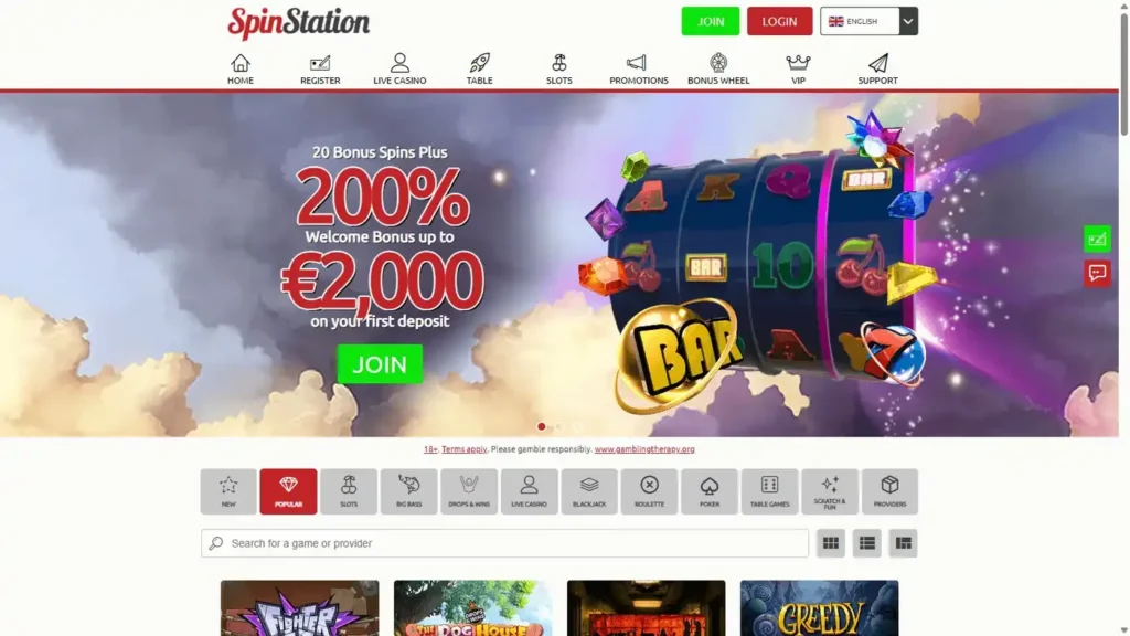 Spin Station casino homepage showing its slots lobby and navigation