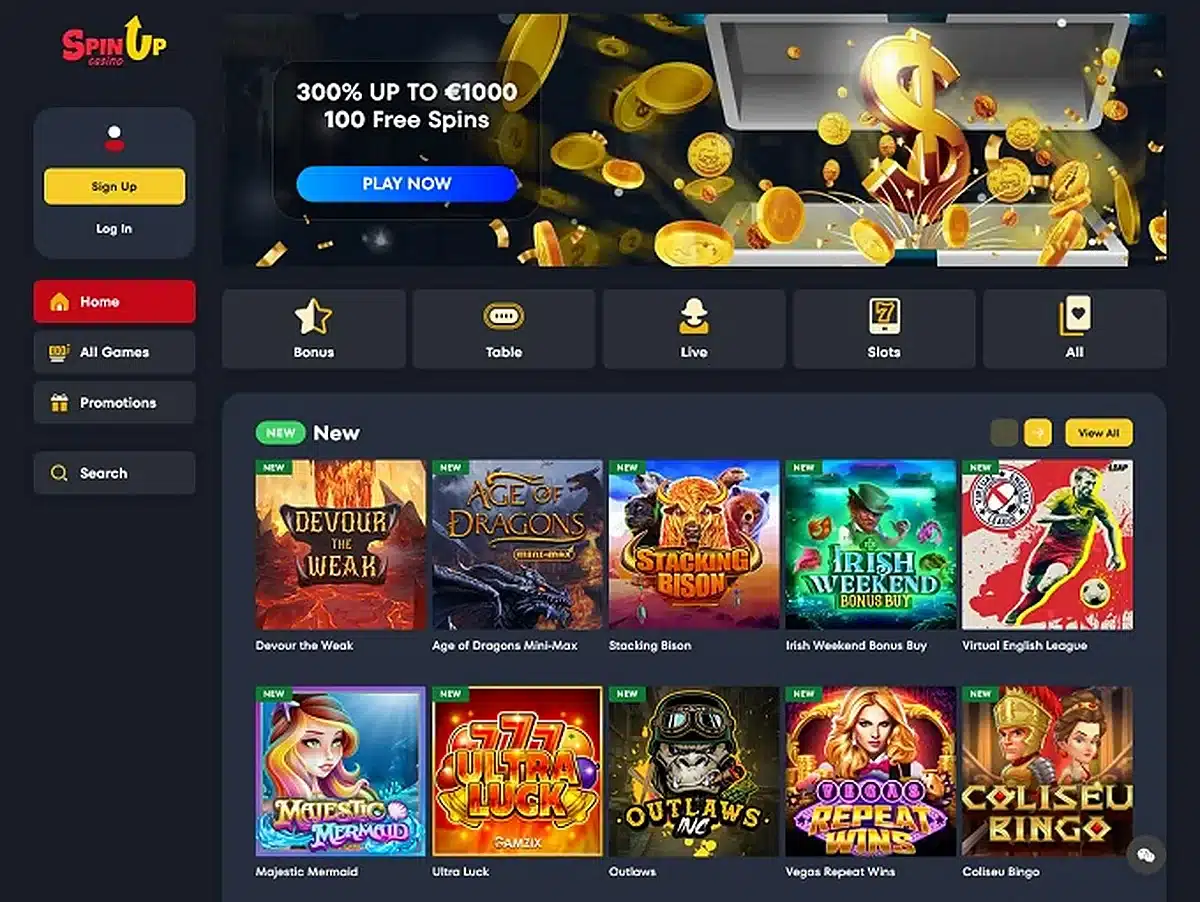 Spin Up Casino homepage screenshot before closure