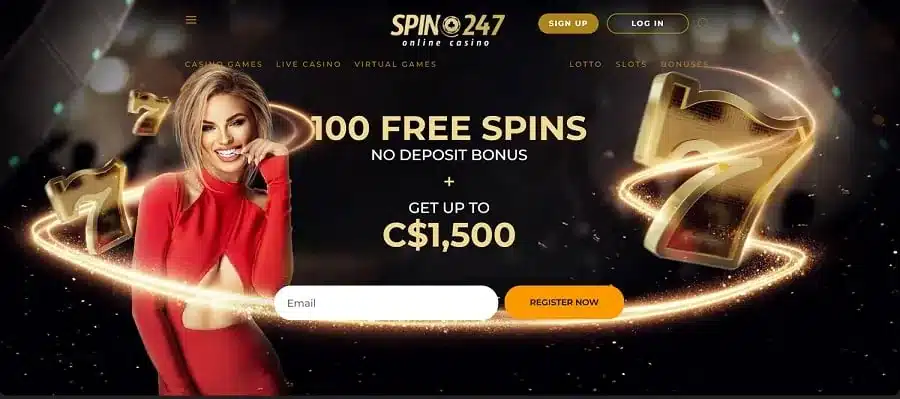 Archived Spin247 casino homepage showing its Canadian welcome offer