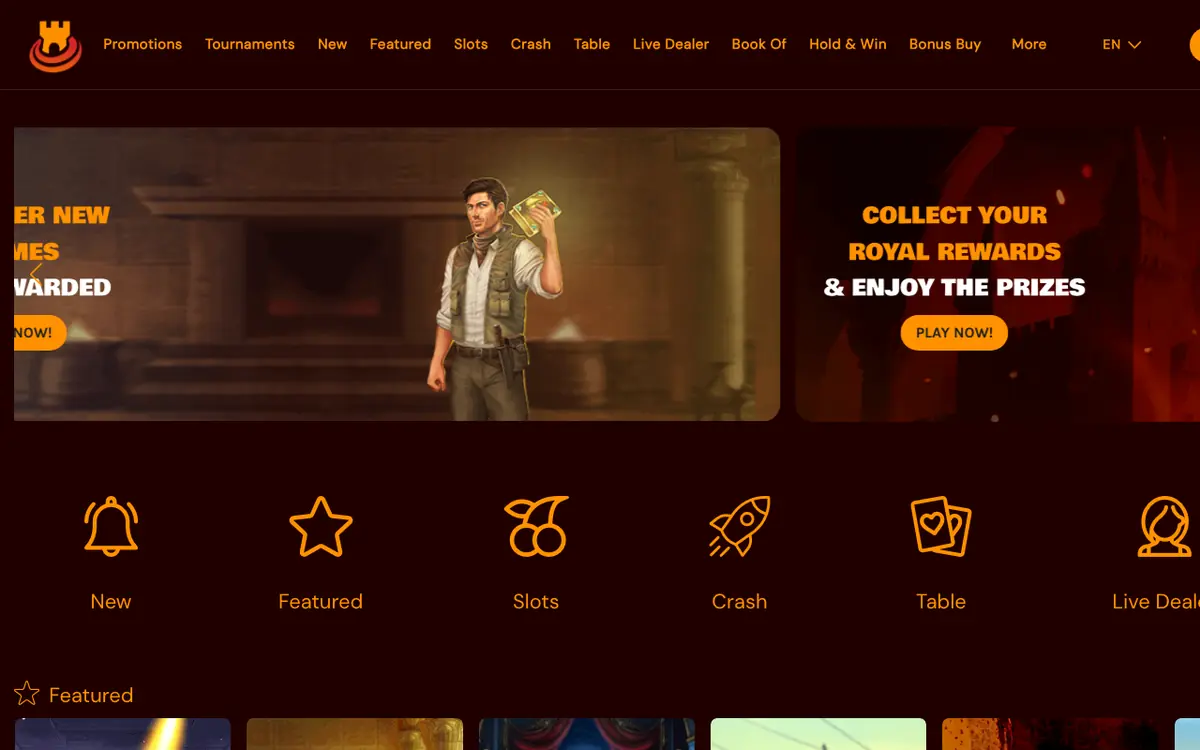 Spins Castle homepage screenshot – July 2026