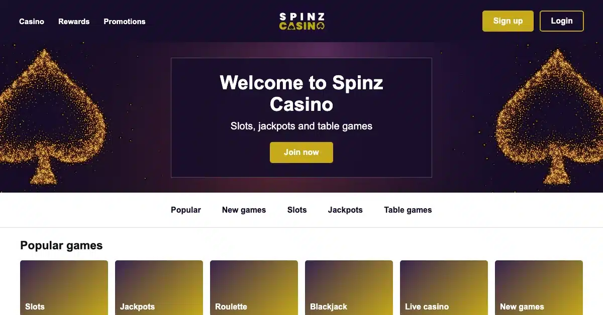 Historical Spinz Casino UK homepage