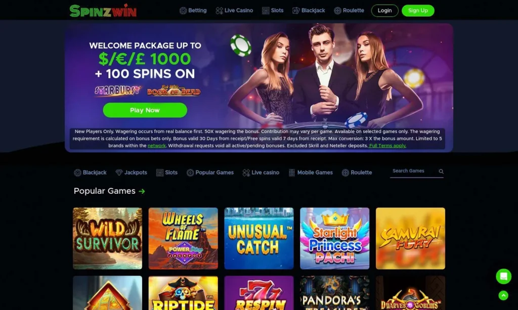 Spinzwin casino homepage showing the welcome package and popular games