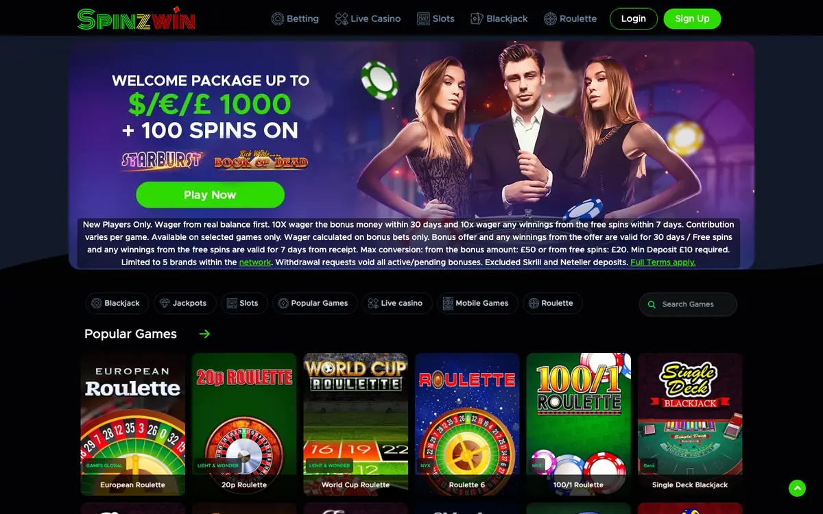 Spinzwin homepage screenshot – July 2026