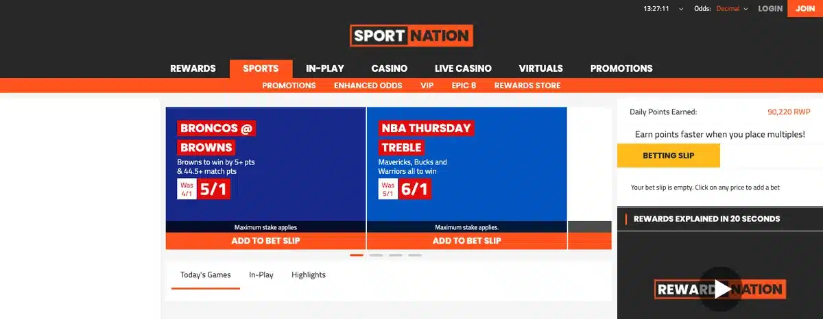 SportNation Bet sportsbook homepage before the 2022 closure