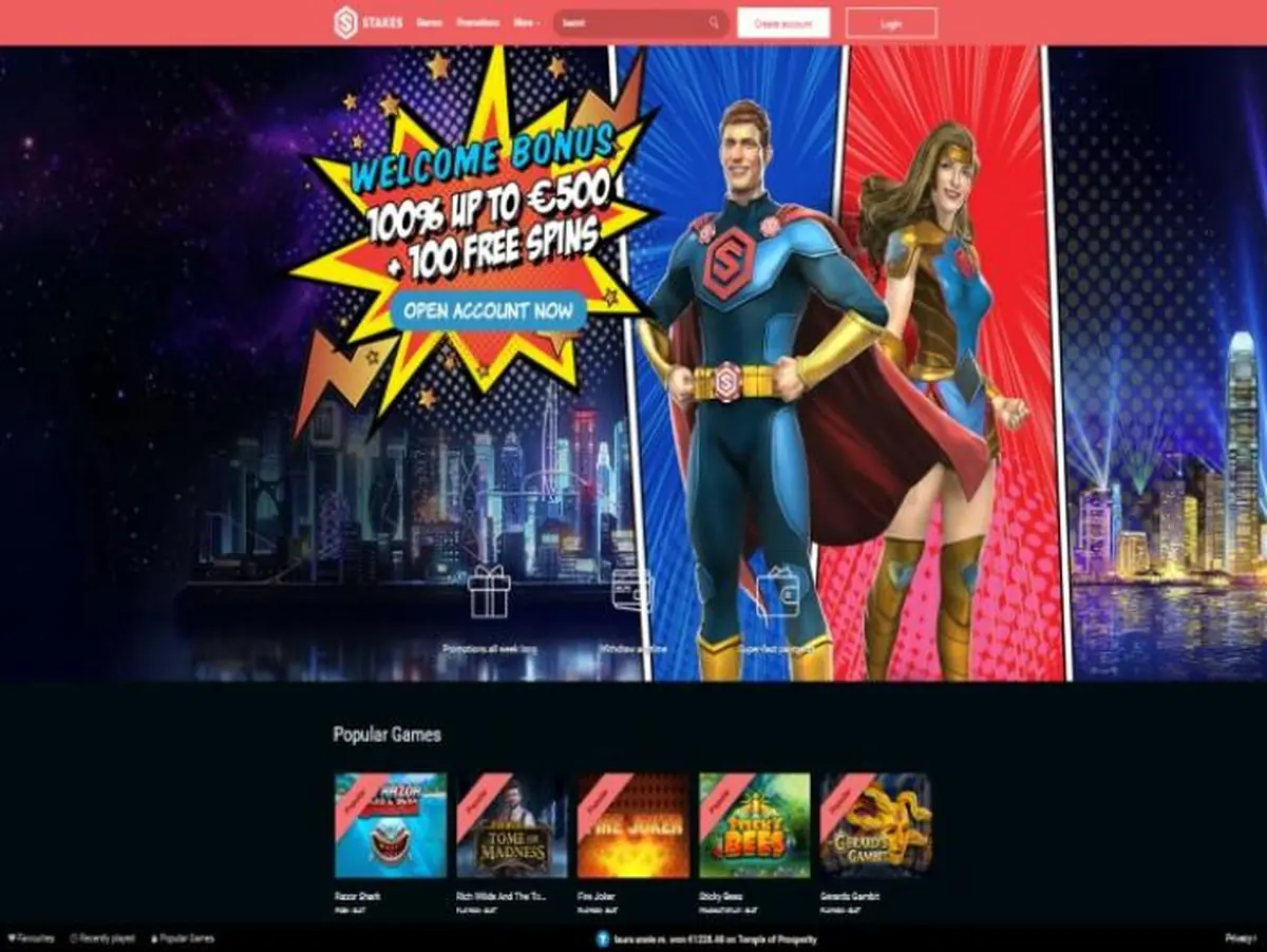 Stakes Casino homepage showing its superhero-themed lobby and welcome banner