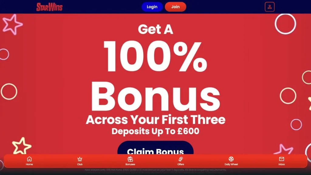 Starwins live casino homepage and current welcome offer