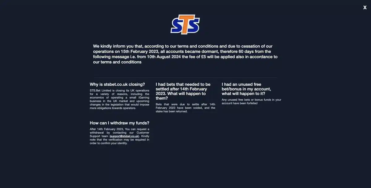 STS Bet UK closure and withdrawal information page