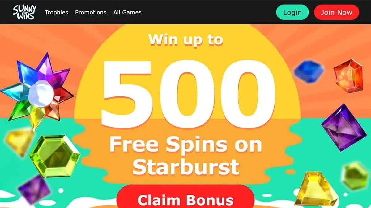 Sunny Wins homepage showing the Loot Chest free-spins offer