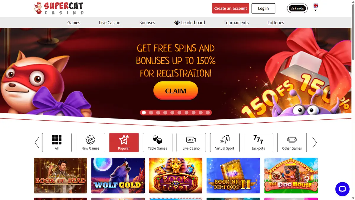SuperCat Casino homepage showing its red bonus banner and games lobby