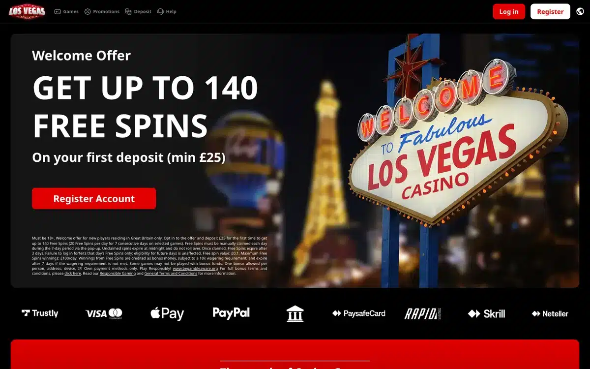 Los Vegas Casino homepage on the SuprPlay network