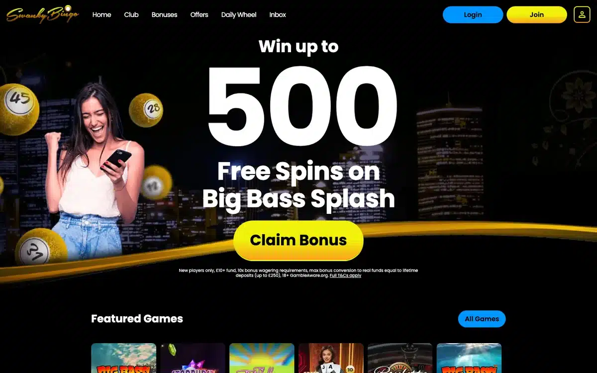 Swanky Bingo homepage showing the current Mega Wheel welcome offer