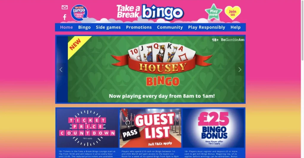 Take A Break Bingo website showing the bingo lobby and promotions