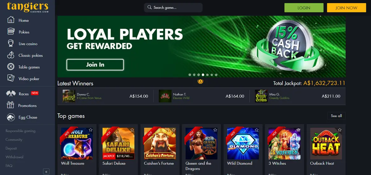 Tangiers Casino homepage while the casino was operating