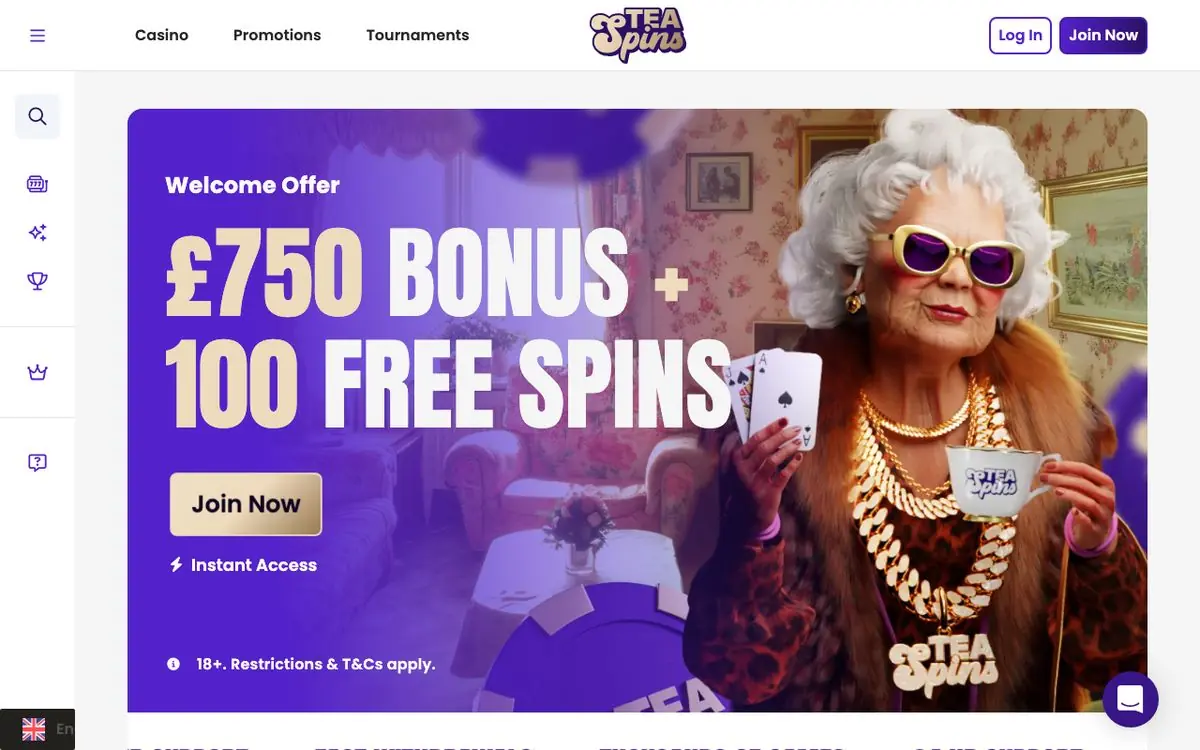 Tea Spins homepage screenshot – July 2026