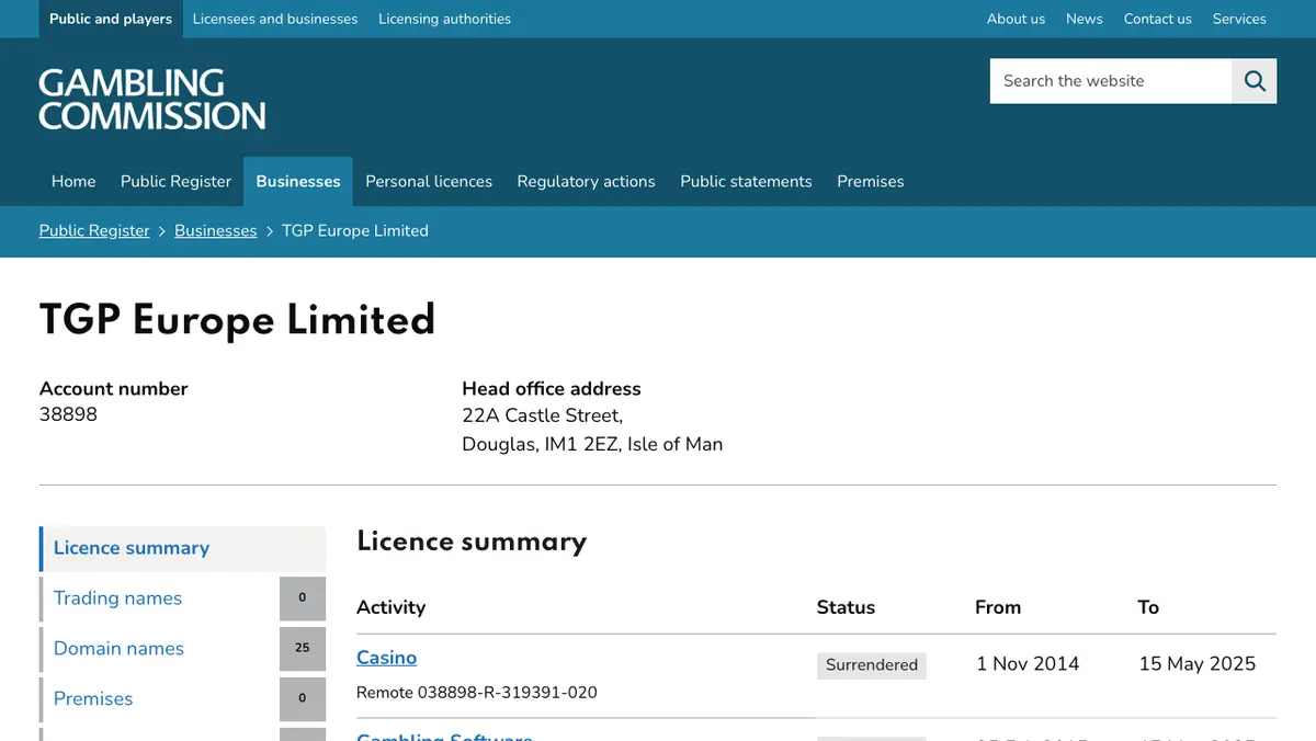 TGP Europe UKGC register screenshot – July 2026 showing the surrendered licence