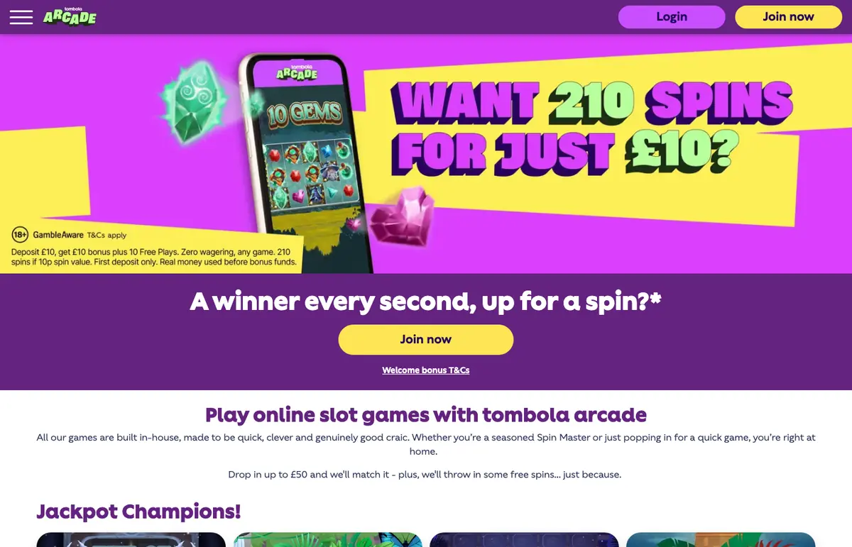 Tombola Arcade homepage screenshot – July 2026