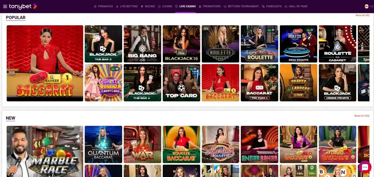TonyBet homepage screenshot – July 2026 live-casino lobby