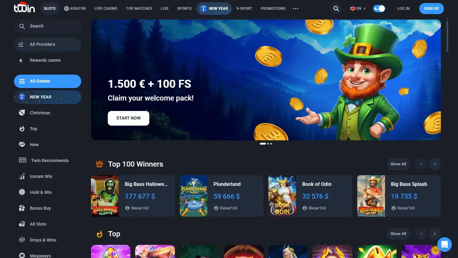 Twin Casino homepage showing its casino lobby, navigation and welcome offer
