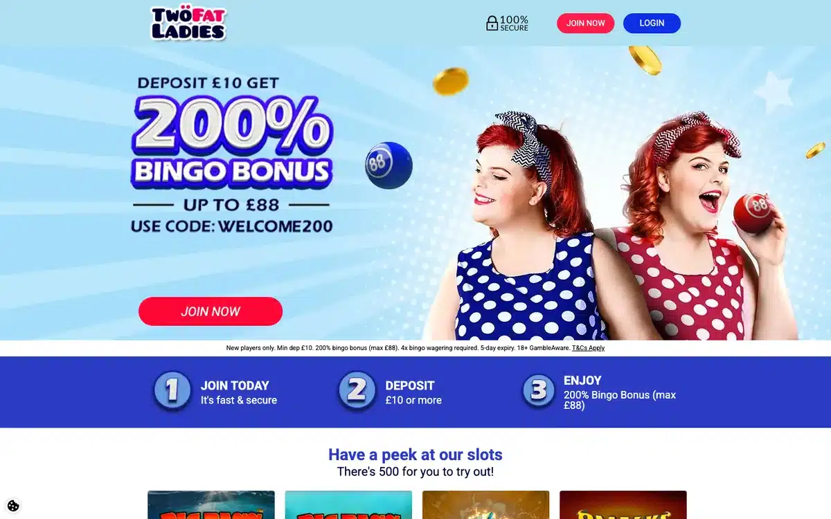 Two Fat Ladies homepage showing its current bingo offer