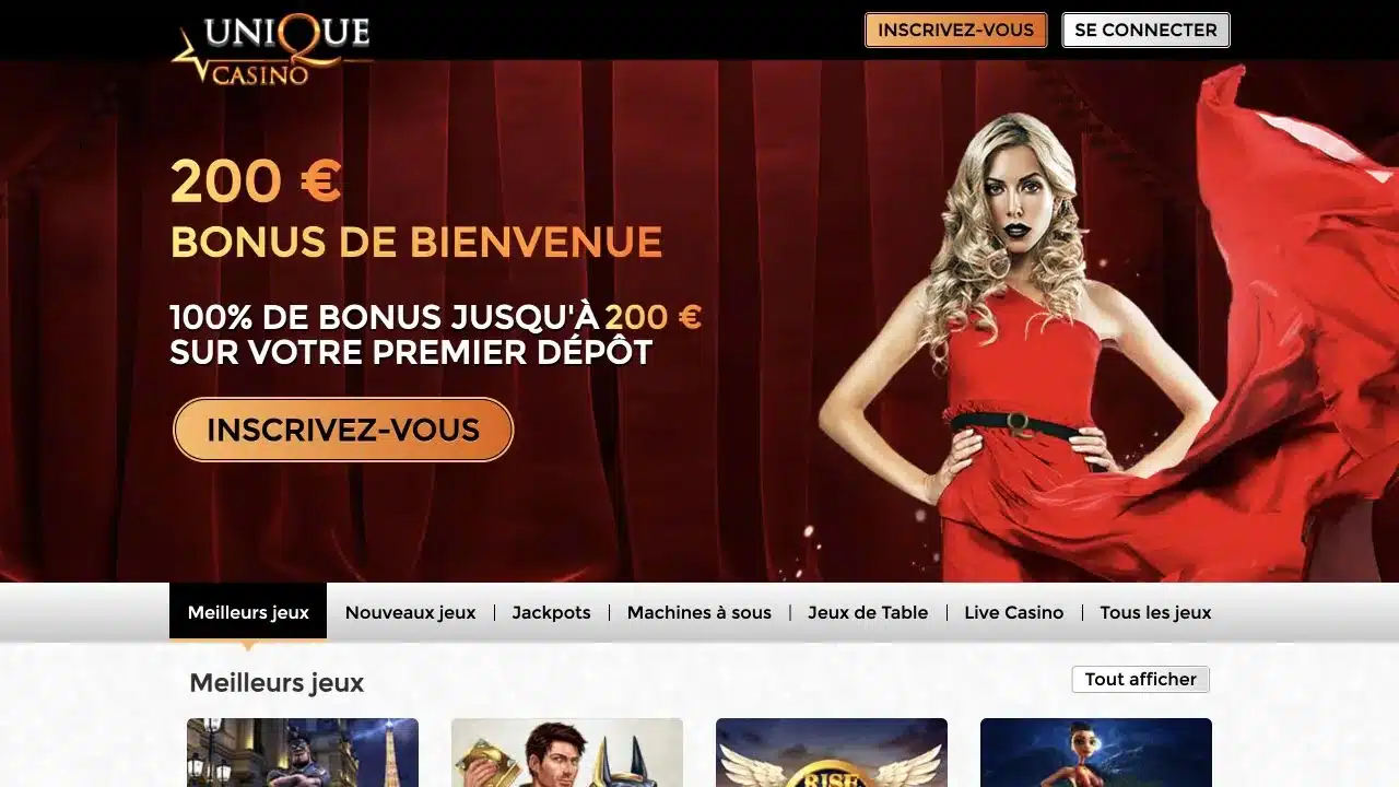 Unique Casino current French-language homepage and welcome bonus