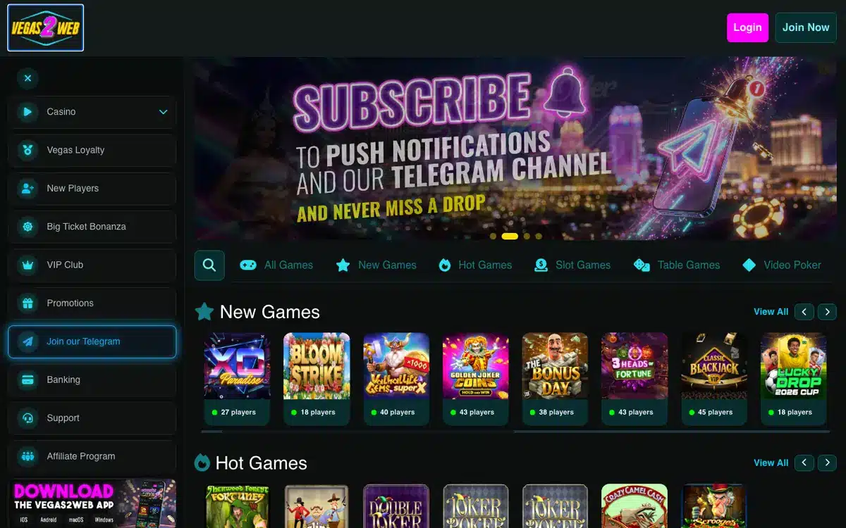 Vegas2Web casino homepage and game lobby