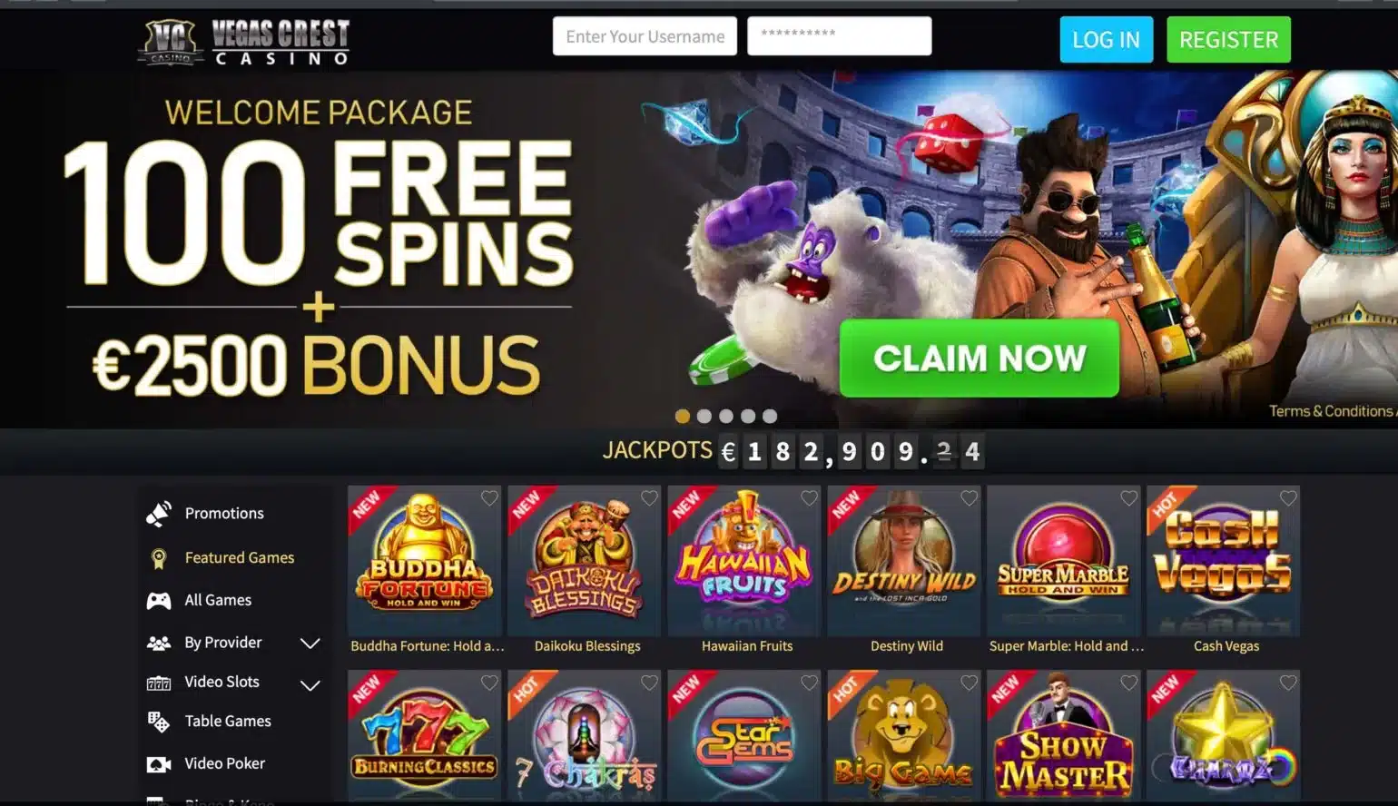 Vegas Crest Casino homepage before the casino closed