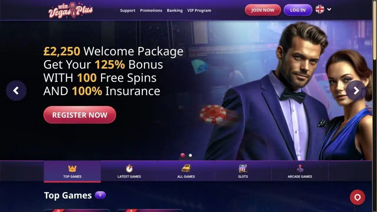 Win Vegas Plus homepage showing the current welcome package and casino lobby