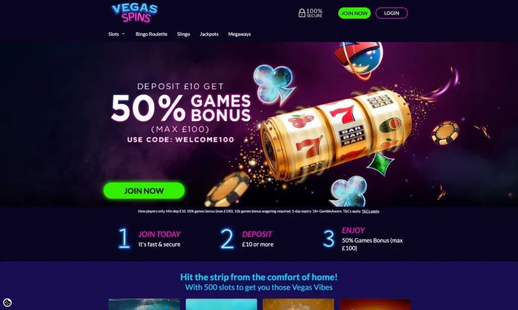 Vegas Spins casino homepage showing the current welcome bonus and site navigation