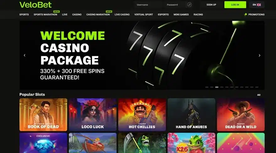 Velobet casino and sportsbook homepage screenshot