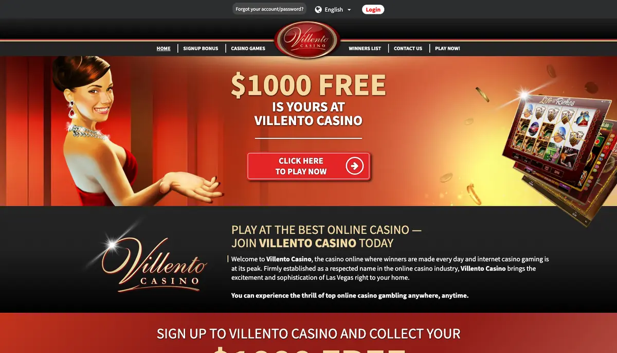 Villento international casino homepage showing its dollar welcome offer