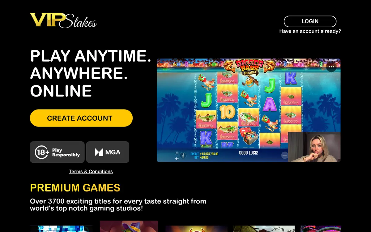 Archived VIP Stakes homepage showing the black and gold casino lobby before closure