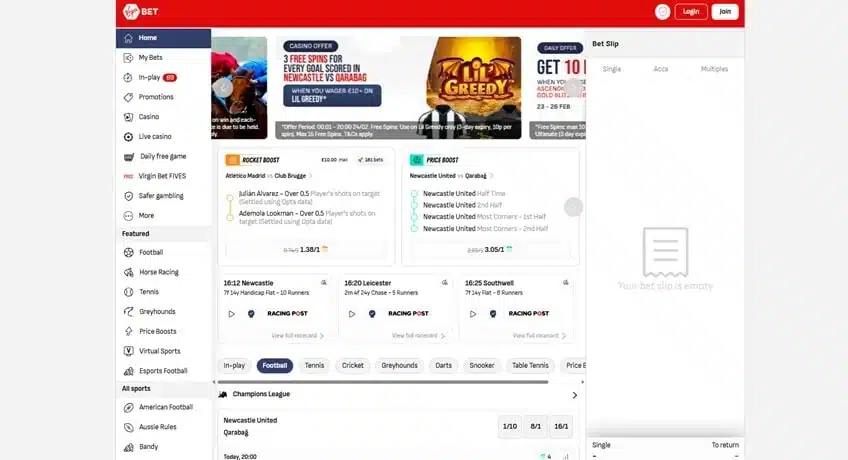 Virgin Bet sister sites screenshot