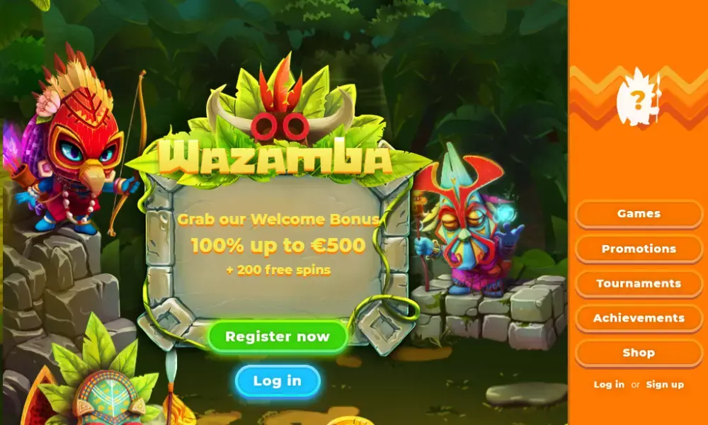 Wazamba homepage showing the casino welcome offer and game lobby