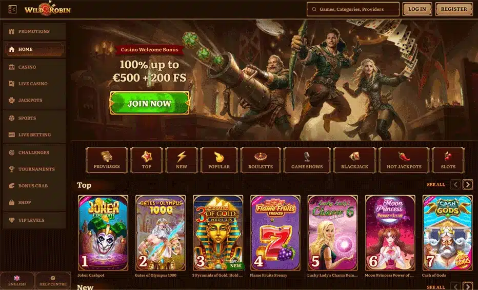 Wild Robin casino homepage showing the welcome offer and games lobby