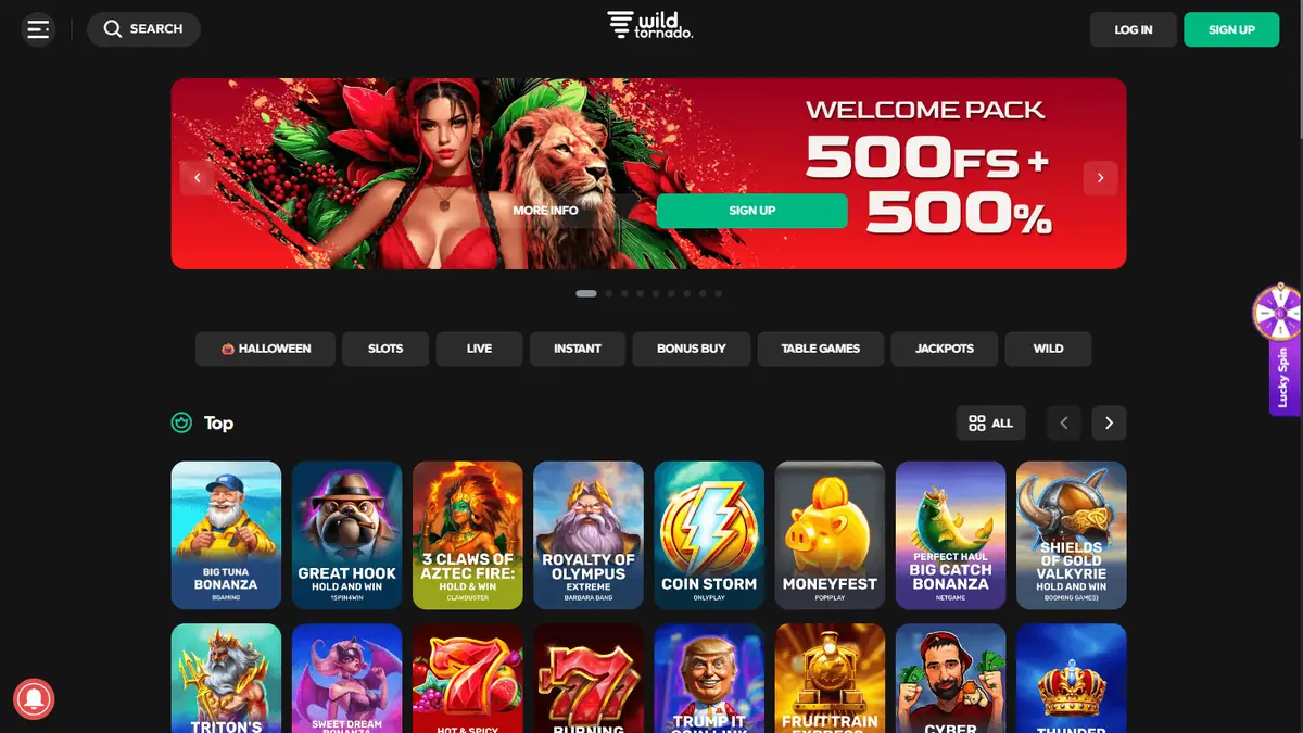 Wild Tornado Casino homepage screenshot – July 2026