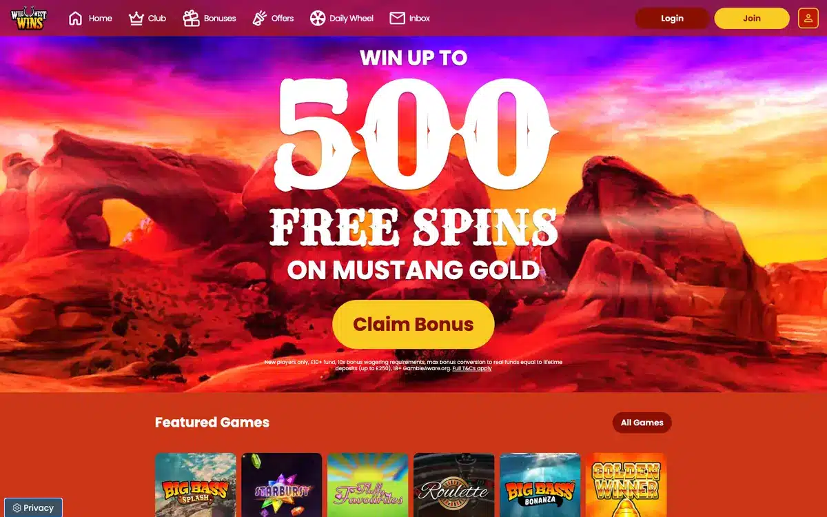 Wild West Wins homepage screenshot – July 2026