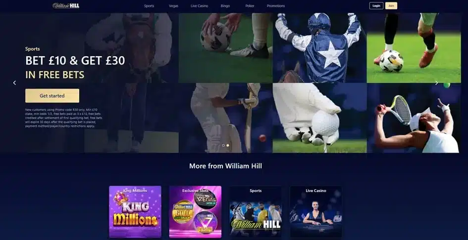 William Hill UK homepage showing sportsbook and casino navigation