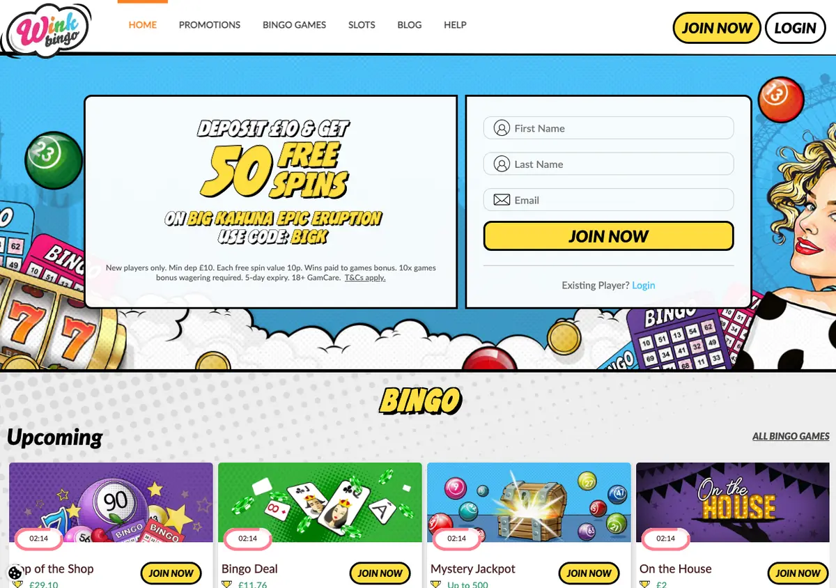 Wink Bingo homepage screenshot – July 2026