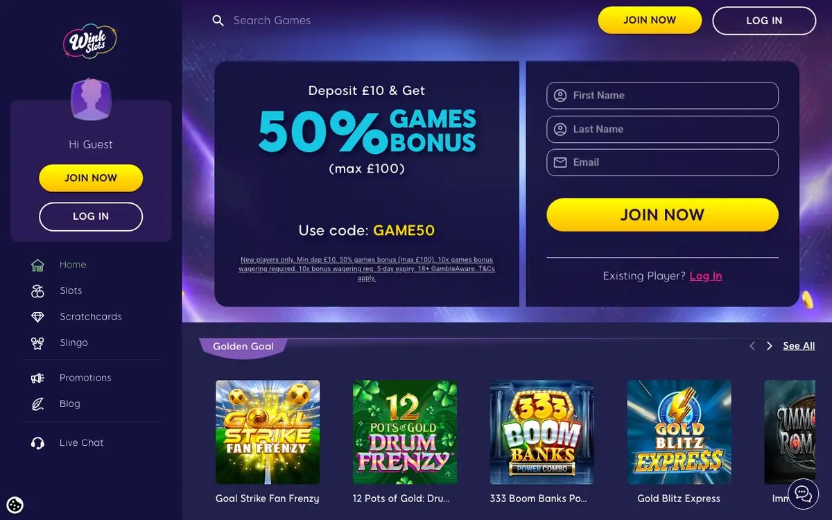 Wink Slots homepage screenshot – July 2026