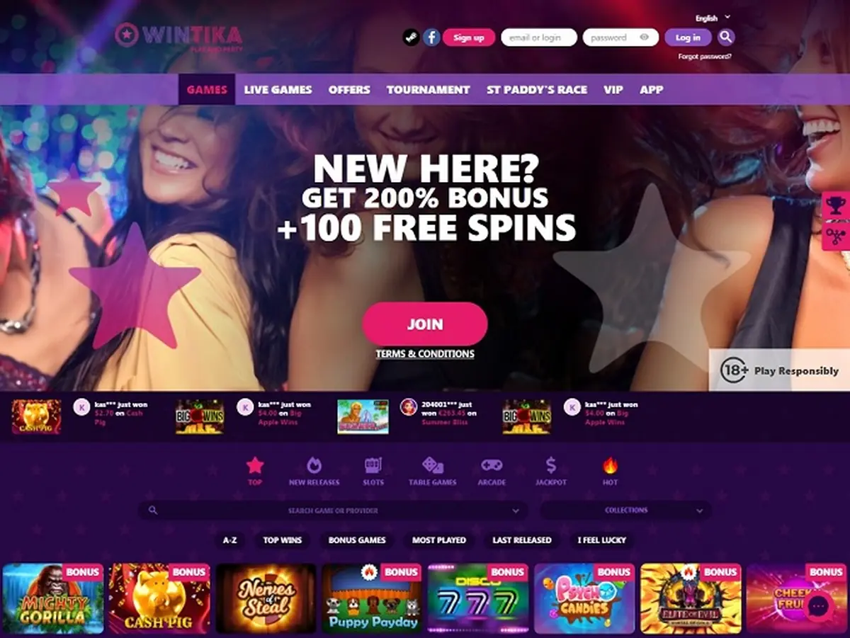Wintika casino homepage in its trading years, nightclub-themed with a 200% bonus banner