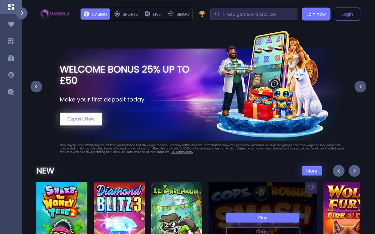Winzila casino homepage showing its welcome offer and games lobby