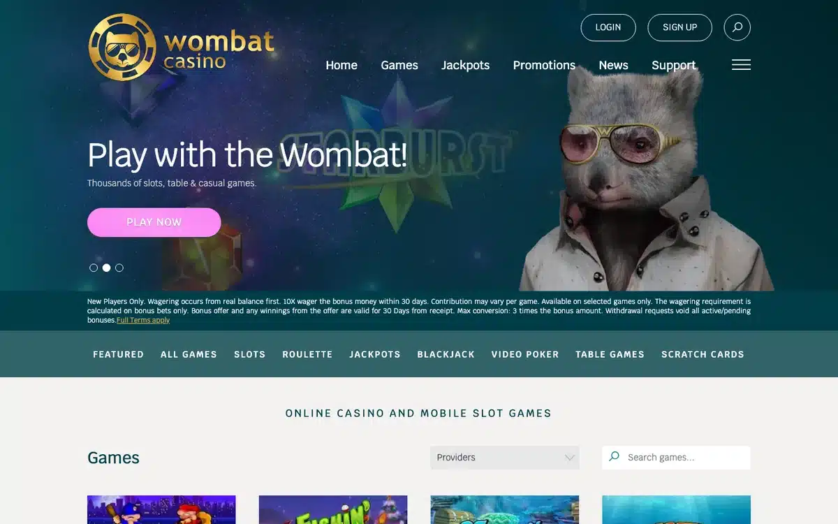 Wombat Casino homepage screenshot – July 2026 game lobby